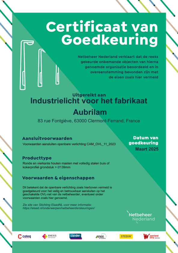Goed nieuws – De Aubrilam masten zijn officieel goedgekeurd voor netaansluitingen volgens de nieuwste CAM-voorschriften!